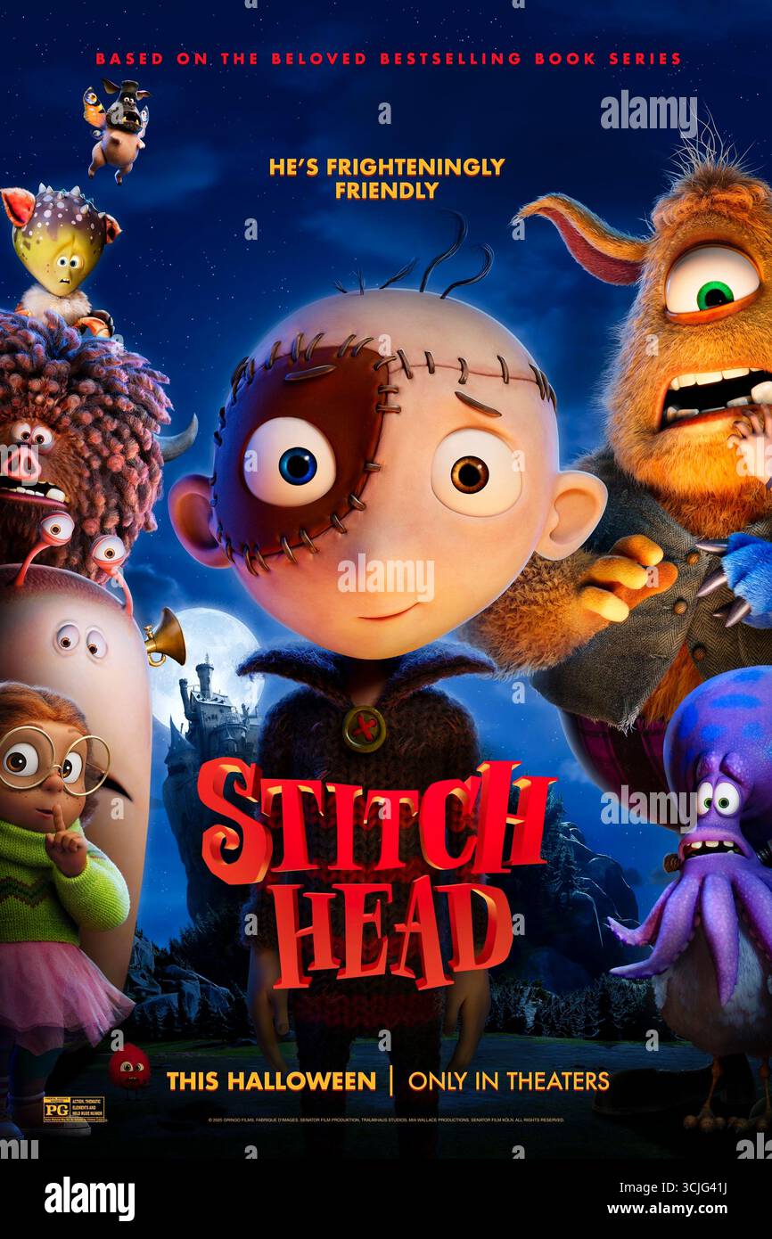 Stich Head (2025) unter der Regie von Steve Hudson und Toby Genkel mit Alison Steadman, Asa Butterfield und Joel Fry. Folgt Stitch Head, einer kleinen Kreatur, die von einem verrückten Professor in einer Burg geweckt wurde, um die anderen Kreationen des Professors vor den verdächtigen Stadtbewohnern von Grubbers-Nubbin zu schützen. NUR ZUR REDAKTIONELLEN VERWENDUNG des US-Advance-Posters. Quelle: BFA / Briarcliff Entertainment Stockfoto