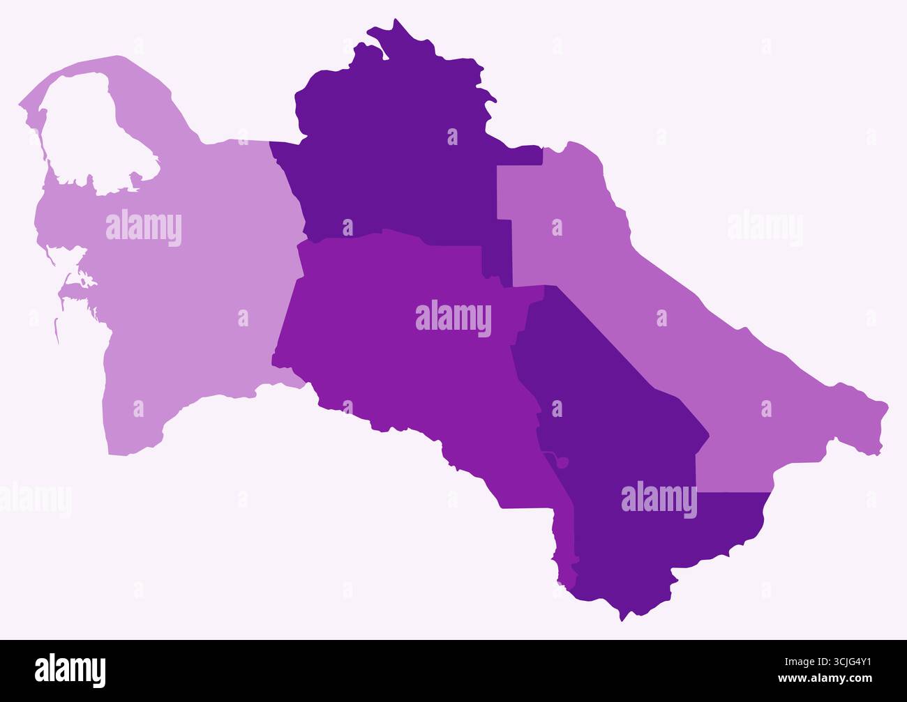 Karte von Turkmenistan mit Regionen. Nur eine einfache Ländergrenzkarte mit regionaler Aufteilung. Lila Farbpalette. Stock Vektor