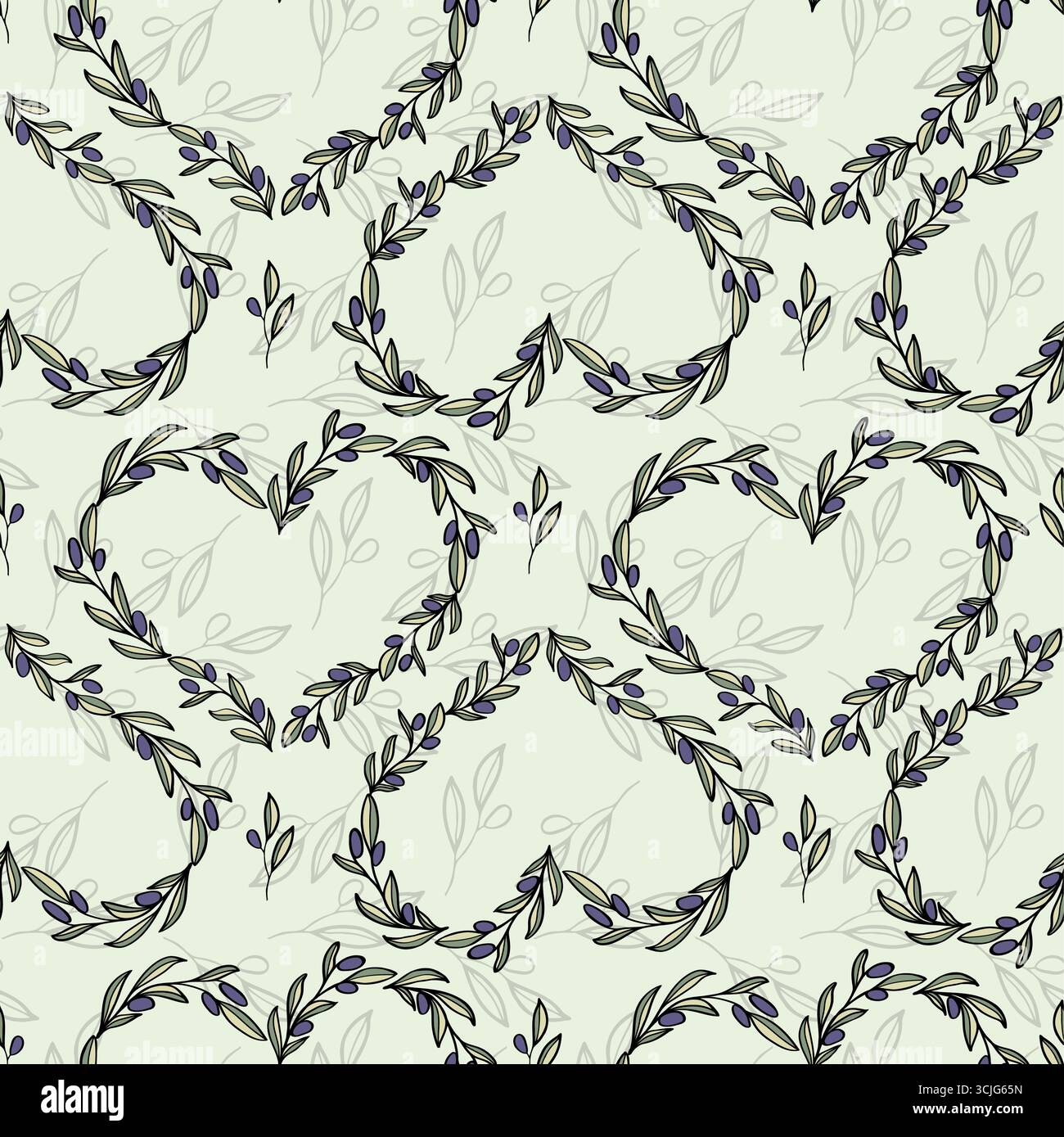 Mit Olivenzweig und Herzrahmen handgezeichnet, nahtloses Muster für ein Textil-Design. Einfarbiger Hintergrund mit einfacher Strichgrafik. Stock Vektor