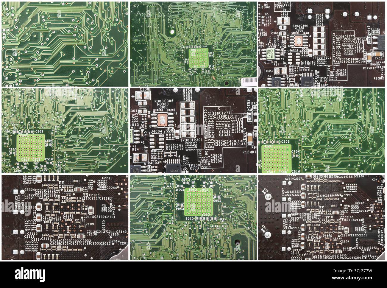 Nahaufnahme Foto der Elektronikplatine mit integrierten Mikrochips Stockfoto