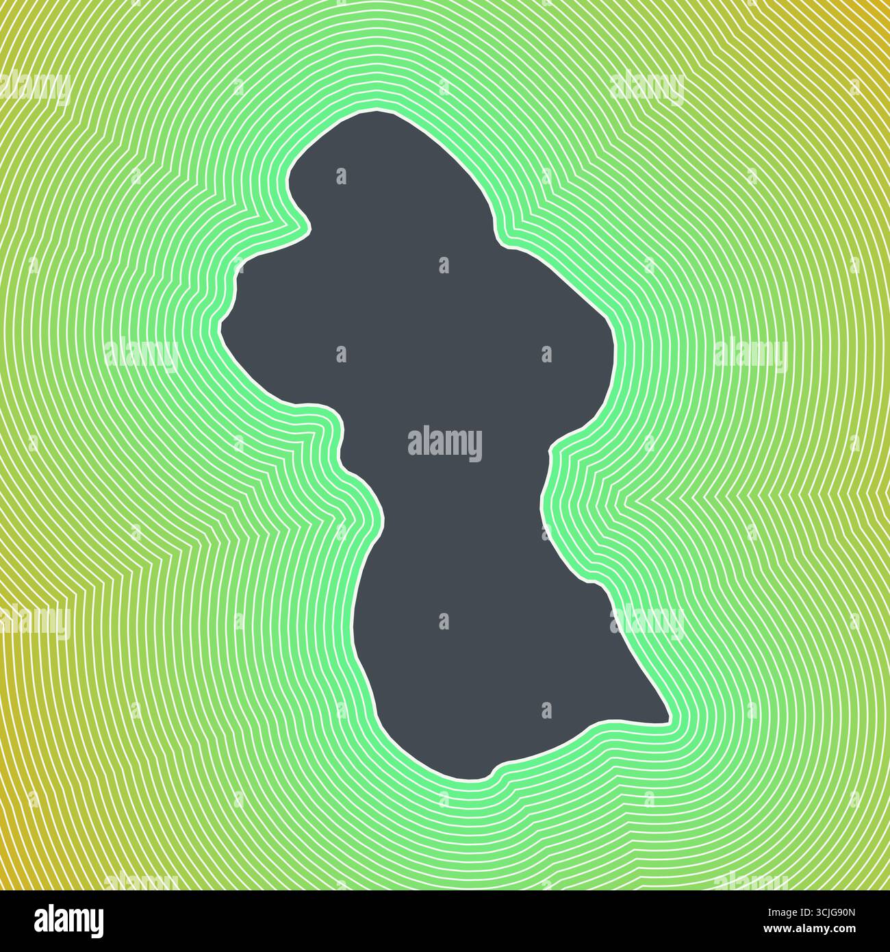 Guyana Kartensymbol. Ländliche Form auf leuchtend gestreiftem verlaufendem Hintergrund. Lebendiges Poster in Guyana. Saubere Vektordarstellung. Stock Vektor