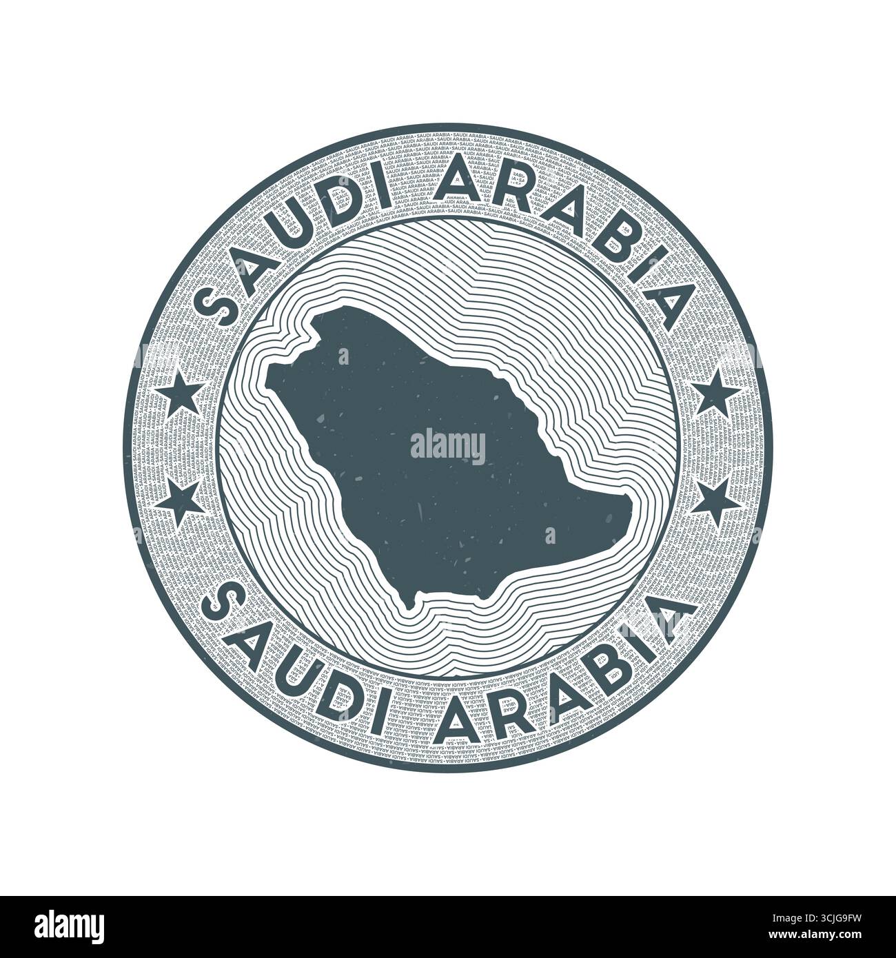 Saudi-Arabien Rundabzeichen Vektor. Länderrunder Stempel mit Form Saudi-Arabiens, Isolinien und kreisförmigem Ländernamen. Ansprechendes Emblem. Stock Vektor