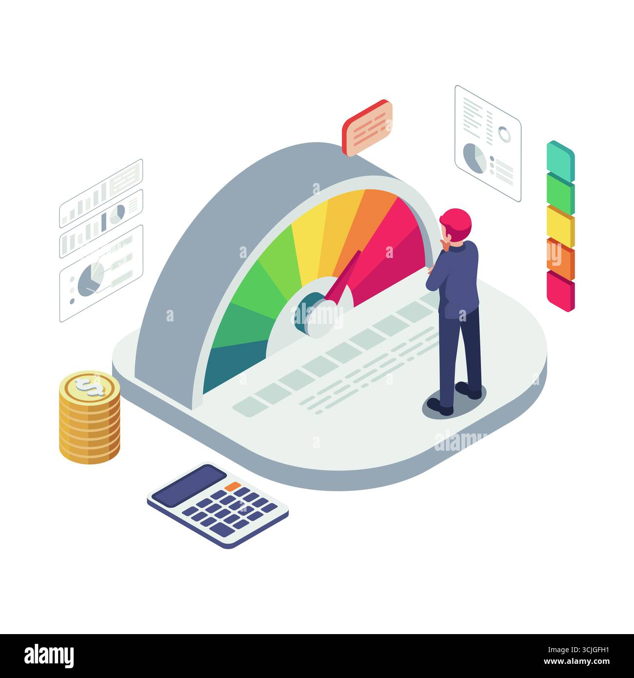 Isometrischer Geschäftsmann mit Risikomanagement-Messgerät, der auf hohes Risiko hinweist. Risikomanagement und Anlagestrategie Stock Vektor