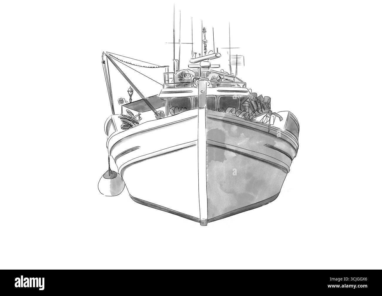 Schwarz-weiß-Illustration eines traditionellen Bootes in Griechenland Stockfoto