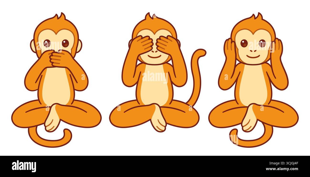 Drei Weise Affen mit Händen, die Augen, Ohren und Mund bedecken: Sehen Sie kein Böses, hören Sie kein Böses, sprechen Sie kein Böses. Süße Zeichentrickfigur. Stock Vektor