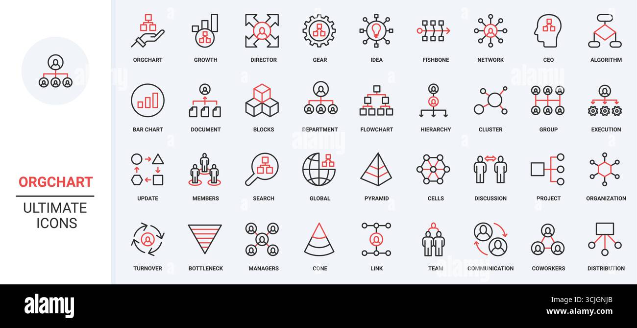 Organigramm und Personalstruktur, Hierarchie Organisation der Positionssymbole der Geschäftsfirma. Arbeitskräftediagramm, Flussdiagramm dünne schwarze und rote Umrisssymbole Vektorillustration Stock Vektor