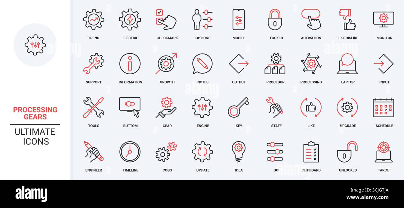 Schaltgetriebe für Prozess- und Betriebssteuerung, Produktivität und Einstellung der Zahnräder. Zahnräder zum Aktualisieren und Aktualisieren, Systemmodifikation dünne schwarze und rote Umrisssymbole Vektorillustration Stock Vektor