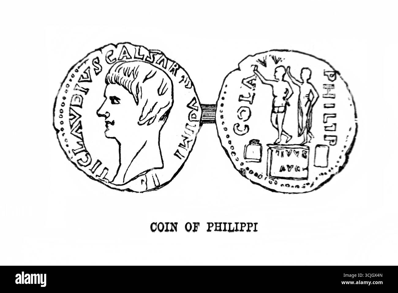 Illustration der Münze von Philippi aus dem Antiken 19. Jahrhundert die Heilige Bibel enthält das Alte und das neue Testament mit Erläuterungen, Referenzen und einer komprimierten Konkordanz, veröffentlicht von Cassell, Petter & Galpin Stockfoto