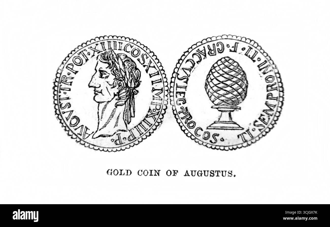 Illustration einer antiken römischen Goldmünze des Augustus aus dem antiken 19. Jahrhundert die Heilige Bibel enthält das Alte und das neue Testament mit Erklärung Stockfoto