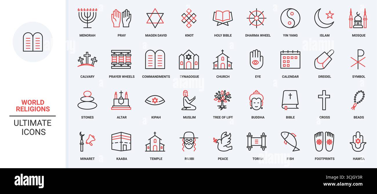 Buddhistische und islamische, christliche und jüdische Religionen und religiöse Symbole sind ein Symbolsatz. Gebet zu Gott, Lesen heiliges Buch, Synagoge und Kirche, Moschee dünne schwarze und rote Umrissvektor Illustration Stock Vektor