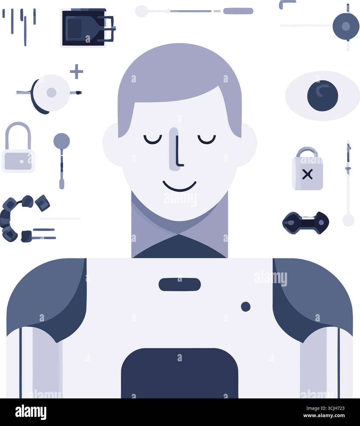 Abstrakte Darstellung eines Menschen oder Roboters mit Technologie- und Sicherheitssymbolen Stock Vektor