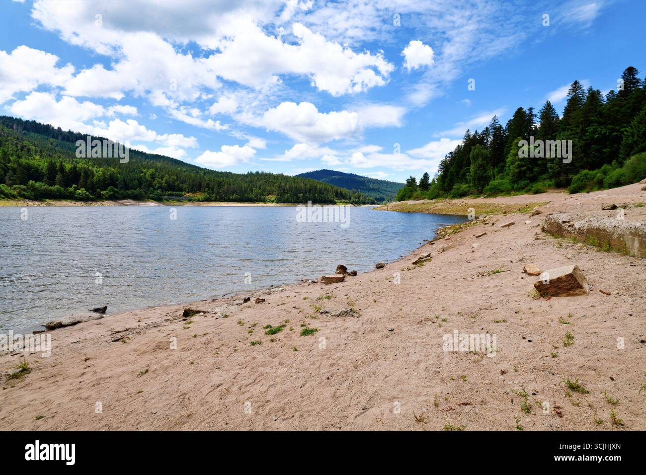Schöner Bergsee im Schwarzwald in Forbach, genannt Schwarzenbachsee, umgeben von bewaldeten Hügeln unter klarem Himmel Stockfoto