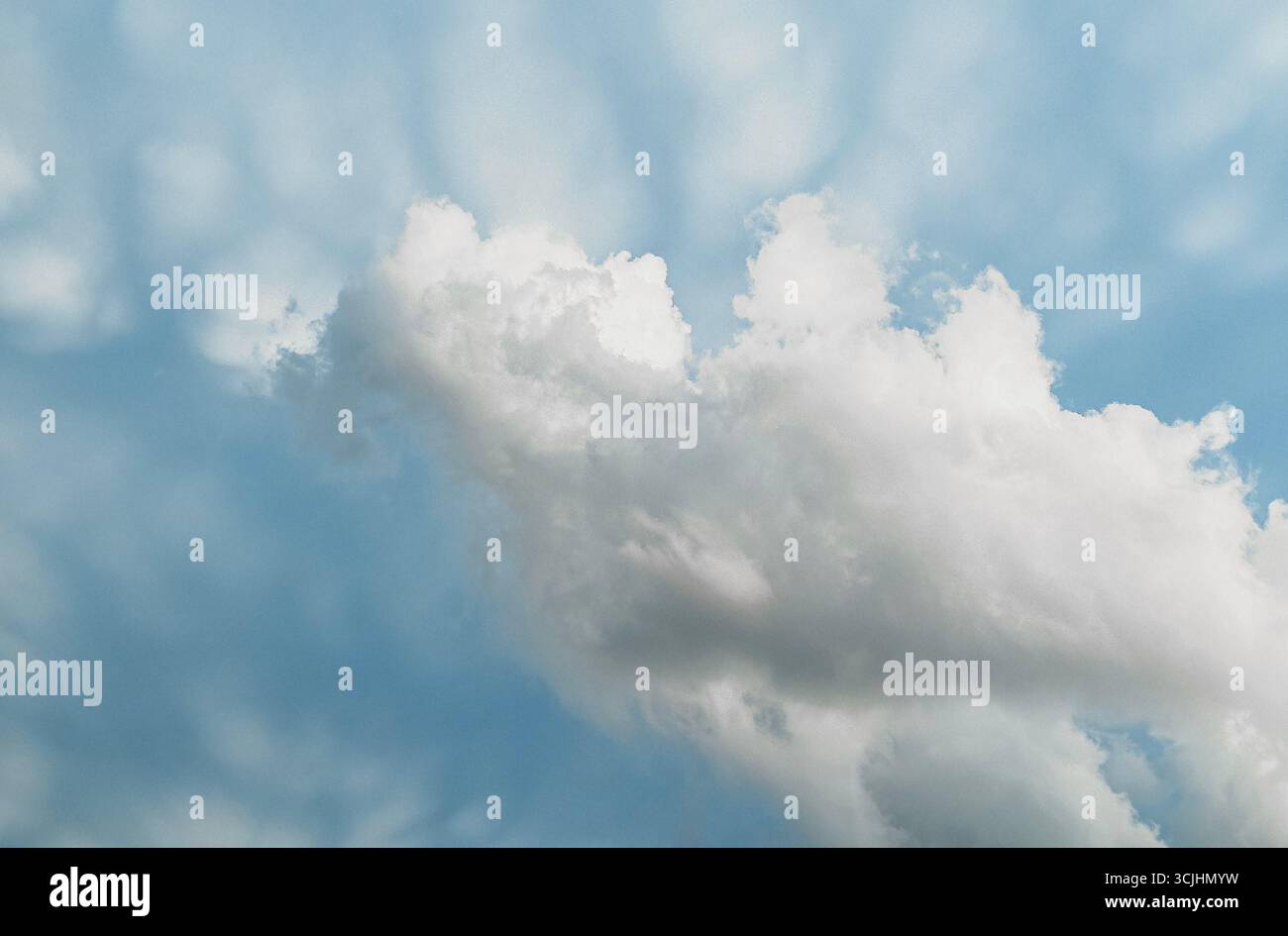Die strahlende weiße Kumuluswolke zieht über einen sanften blauen Himmel, während das Licht sanfte Schatten wirft, die der Szene Tiefe und Textur verleihen Stockfoto