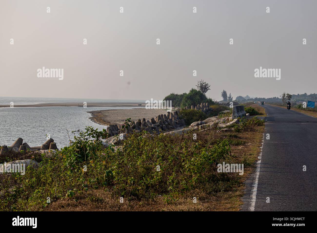 Riesige künstliche Wellenbrecher bilden Schutzschilde für den Sandstrand von Coxs Bazar vor Flut Stockfoto