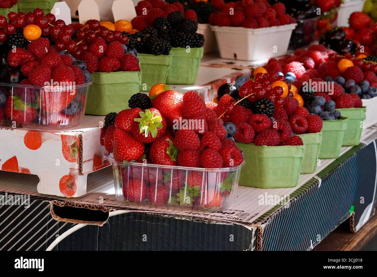 Obst und Beeren auf einem Bauernmarkt in Paris, Frankreich Stockfoto