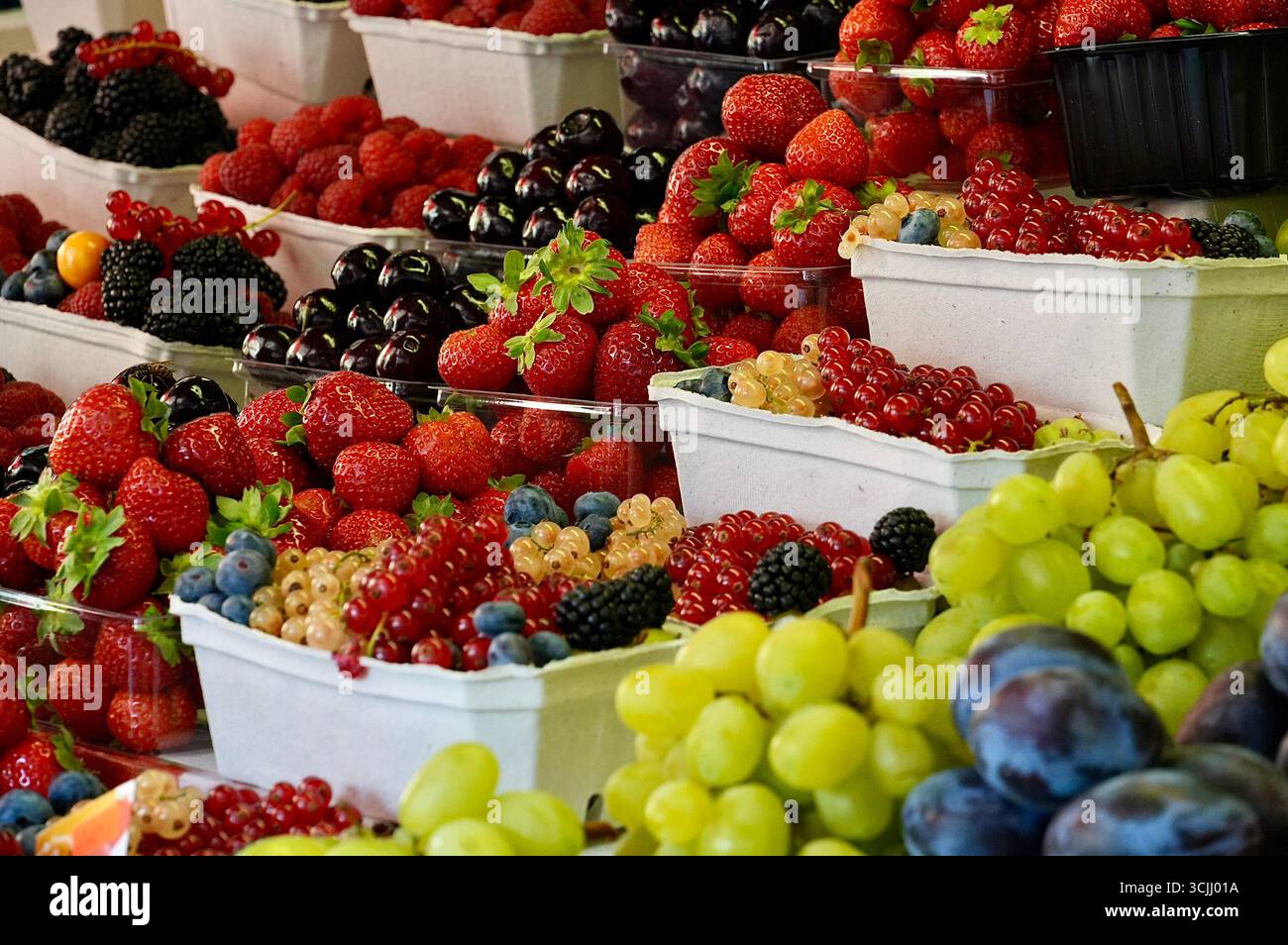 Obst und Beeren auf einem Marktstand in der Provence, Frankreich Stockfoto