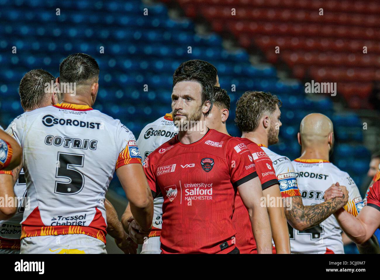 Joe Mellor für Salford Red Devils gegen Catalans Dragons in der Super League im Salford Community Stadium, Salford, Großbritannien, 04.09.2025 Stockfoto