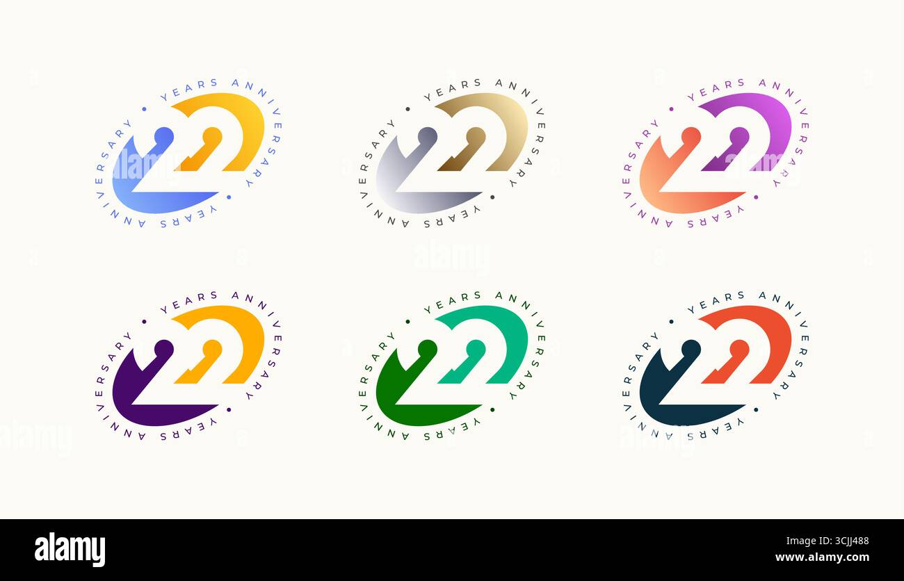 Anniversary Colourul 22th, 22th Happy Anniversary mit ovaler, kugelförmiger oder Ellipsenform und jeder Farbe. Stock Vektor