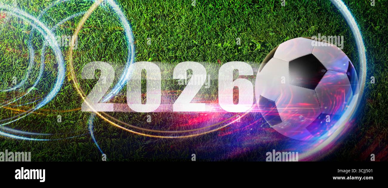 FIFA Fussball-Weltmeisterschaft amerika Fußball Fussball wird mit dynamischen Lichtwellen auf dem Spielfeld im Stadion USA Mexico 2026 Championship gespielt. Stockfoto