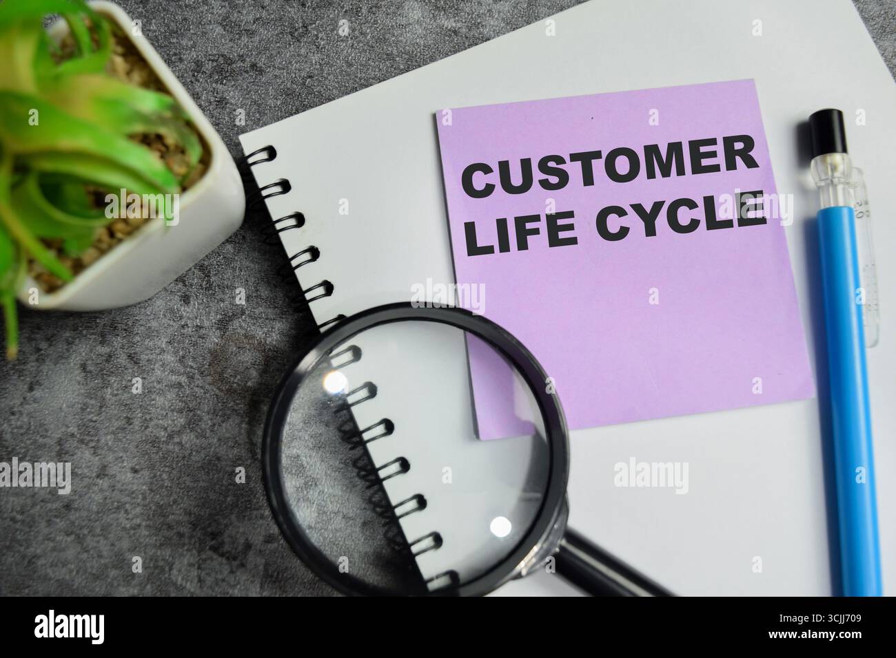 Konzept des Kundenlebenszyklus Schreiben Sie auf Haftnotizen, die auf Holztisch isoliert sind. Stockfoto