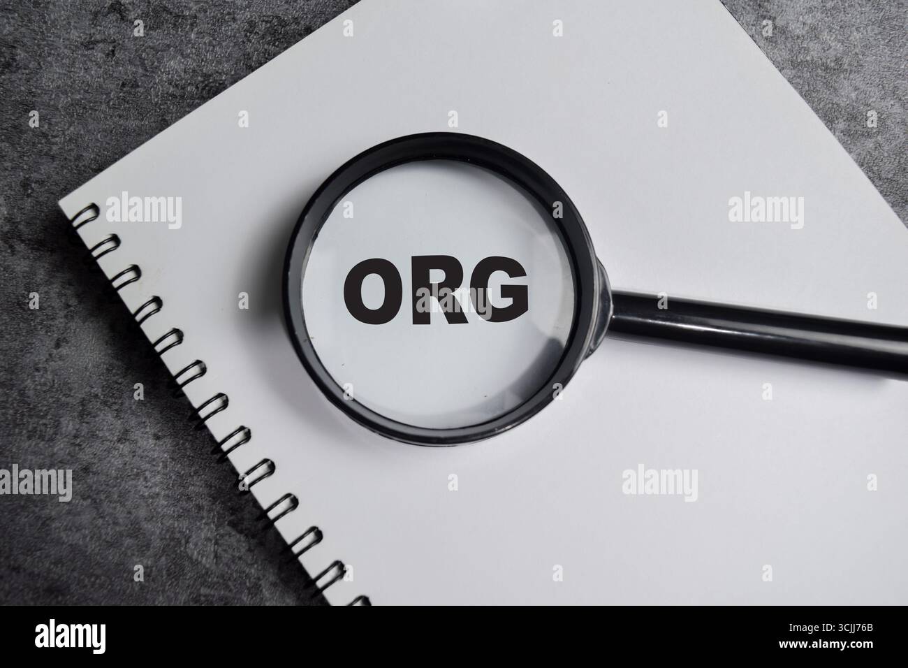 Konzept von ORG mit Lupenbeschriftung auf Klemmbrett isoliert auf Holztisch. Stockfoto