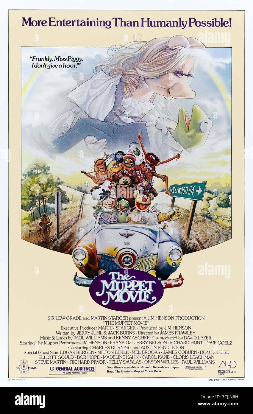 The Muppet Movie (1979) von James Frawley mit Jim Henson, Frank Oz und Jerry Nelson. Kermit der Frosch begibt sich auf eine Reise durch das Land nach Hollywood, trifft Freunde und stellt sich auf dem Weg zum Showbiz-Star mit komischen Bösewichten. Foto eines Original-Posters aus dem Jahr 1979 (USA), das NUR FÜR REDAKTIONELLE ZWECKE VERWENDET WIRD. Quelle: BFA / Associated Film Distribution Stockfoto