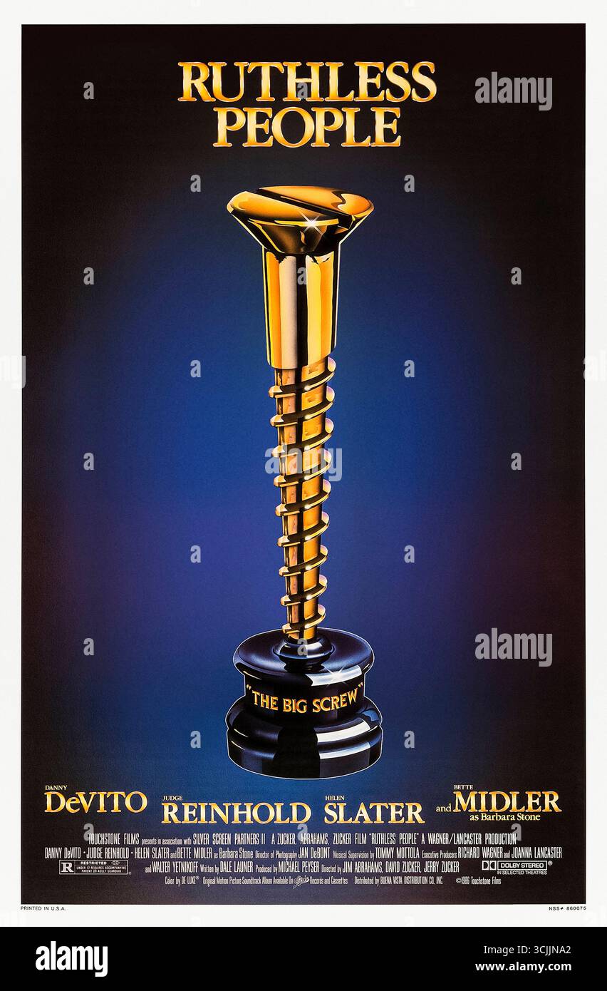Ruthless People (1986) unter der Regie von Jim Abrahams, David Zucker und Jerry Zucker mit Danny DeVito, Bette Midler und Richter Reinhold. Ein rachsüchtiges Paar entführt die Frau ihres Ex-Chefs, aber ihr Mann will sie nicht zurück; komisches Chaos und Erpressung folgen. Foto eines Original-Posters aus dem Jahr 1986 (USA), das NUR FÜR REDAKTIONELLE ZWECKE VERWENDET WIRD. Quelle: BFA / Touchstone Pictures Stockfoto