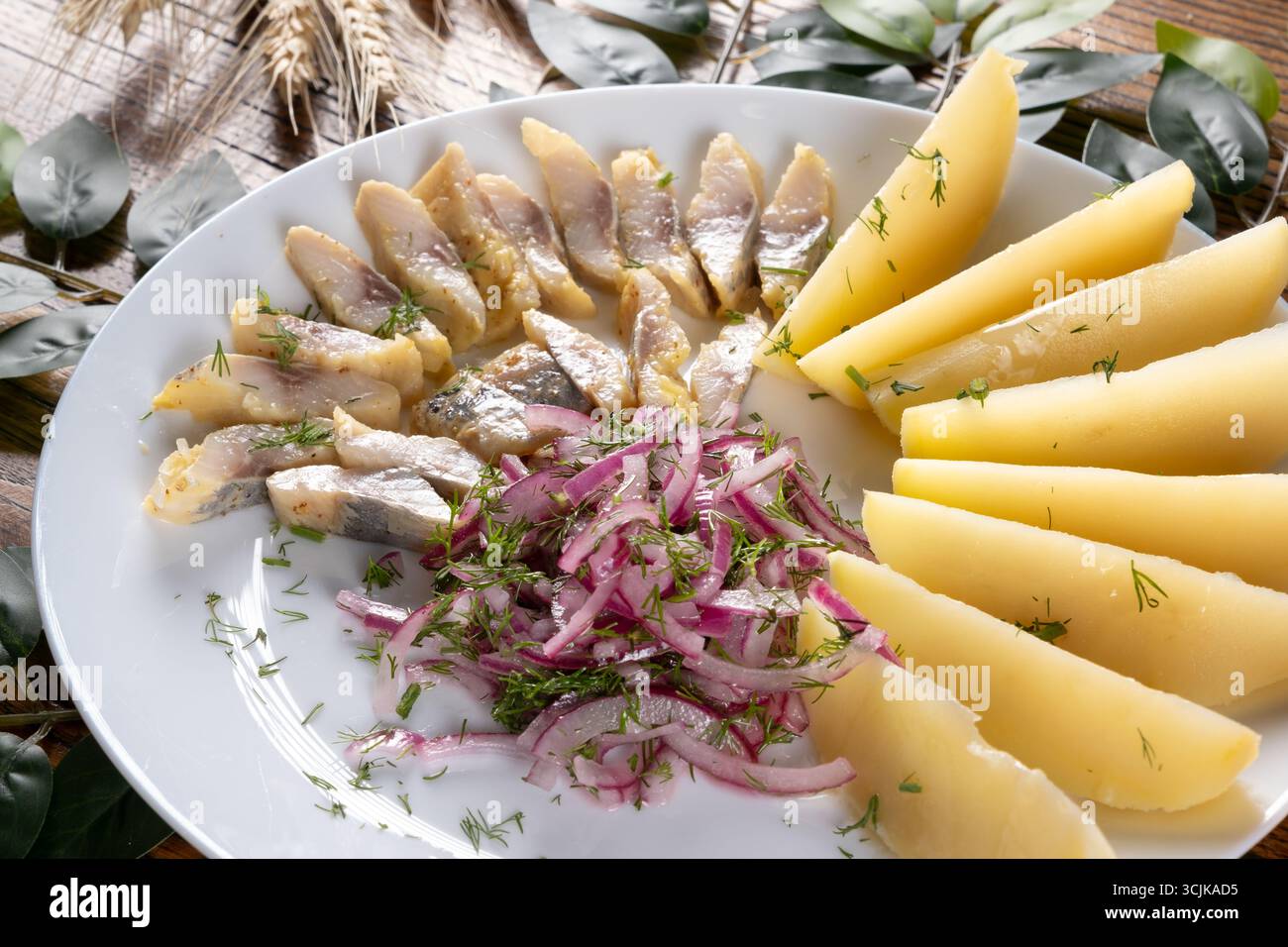 Ein Foto mit einem traditionellen ukrainischen Gericht mit Heringsfisch, serviert mit Kartoffeln, zeigt eine herzhafte und geschmackvolle Präsentation auf einem rustikalen Teller. Stockfoto