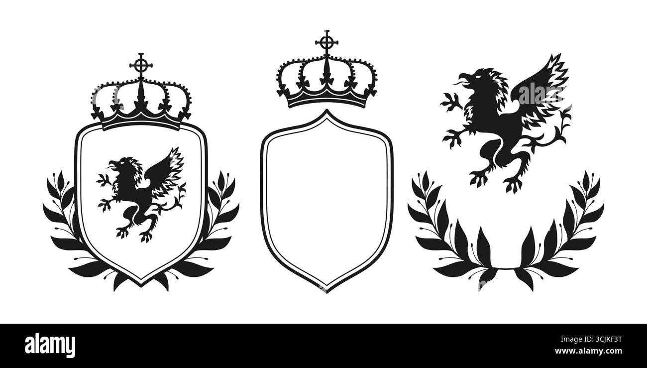 Wappen mit edlem greifenadler, Lorbeerkranz, Schild, Krone. Heraldisches Wappen-Set. Mittelalterliche Embleme Logo Fantasy Kingdom. Wappengenerator Vintage Vektor Grafik Design Illustration Stock Vektor