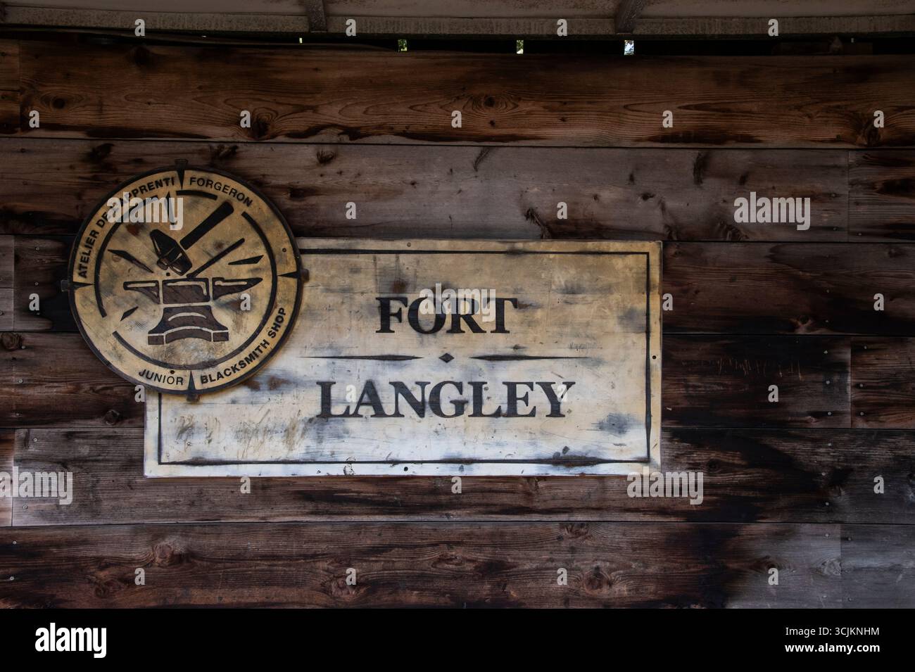 Schild für die Junior-Schmiede Fort Langley an der Fort Langley National Historic Site in Langley, British Columbia, Kanada Stockfoto