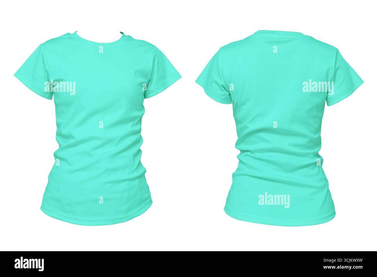 Leeres mintgrünes T-Shirt Mockup Vorder- und Rückseite isoliert auf weißem Hintergrund, einfarbige Kleiderschablone für Modedesign, Textilindustrie, Bekleidungsadv Stockfoto