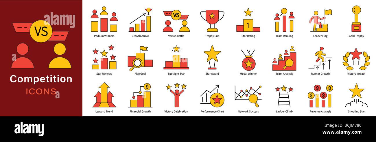 Symbol-Set für Wettbewerbe – Business Contest, Trophäenpreise, Siegerranglisten und Vektor-Icons-Sammlung für Wettbewerbsanalysen Stock Vektor