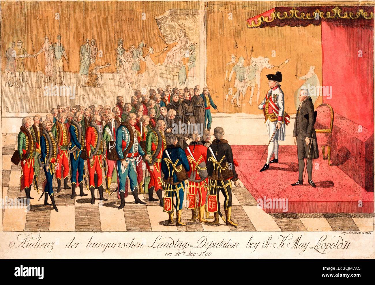Deutschland/Österreich: "Deputation in ungarischem Naitonalkleid wird von Kaiser Leopold II. Empfangen", handkolorierter Stich von Johann Hieronym Loschenkohl (1753-1807), um 1790. Leopold II. (1747–1792) war der dritte Sohn von Kaiser Maria Theresia und Kaiser Franz I. und jüngerer Bruder des späteren Kaisers Joseph II. Er erbte 1761 das großherzogtum Toskana, nachdem sein ältester Bruder Karl starb. Er war später mit Infantin Maria Luisa von Spanien, Tochter von König Karl II. Von Spanien, verheiratet und folgte 1765 seinem Vater als Großherzog der Toskana nach. Leopold wurde römischer Kaiser in Stockfoto
