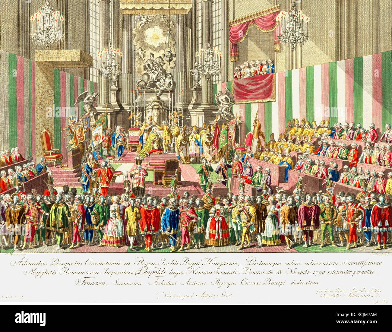 Deutschland/Österreich: „Krönung Leopolds II. 1790 in Bratislava“, Farbstich von Carl Schutz (1745–1800), Johann Georg Mansfeld (1764–1817) und Sebastian Mansfeld (1751–1816), ca. 1790 Leopold II. (1747–1792) war der dritte Sohn von Kaiser Maria Theresia und Kaiser Franz I. und jüngerer Bruder des späteren Kaisers Joseph II. Er erbte 1761 das großherzogtum Toskana, nachdem sein ältester Bruder Karl starb. Er war später mit Infantin Maria Luisa von Spanien, Tochter von König Karl II. Von Spanien, verheiratet und folgte 1765 seinem Vater als Großherzog der Toskana nach. Leopold wurde Holy R Stockfoto