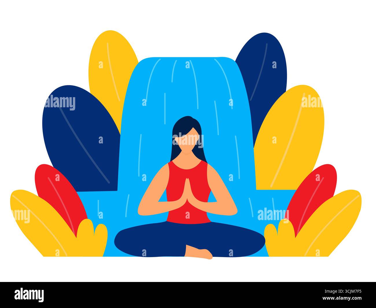 Frau meditiert in Lotusposition mit Wasserfallhintergrund. Stock Vektor