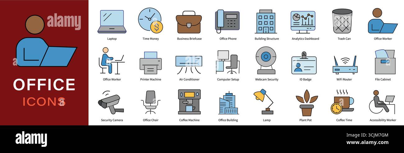 Das Icon-Paket Für Moderne Büromaterialien. Flat Vector Set für Workplace UI und Infografiken Stock Vektor