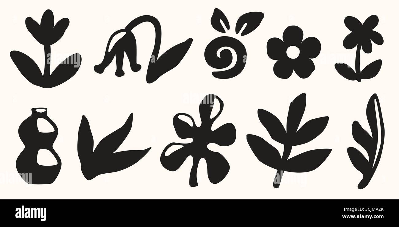 Schwarze Boho-Formen mit abstrakten Formen für modernes Design - Blumen, Vase und botanische Blätter. Minimalistischer dekorativer Ausschnitt einfache Elemente für zeitgenössische Poster oder Branding. Stock Vektor