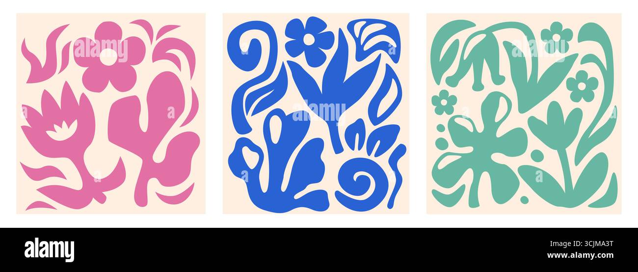 Boho-Kompositionen mit organischen Schnitten in rosa, blauen und grünen Formen für zeitgenössische Kunst - abstrakte Blumen und Spiralen, Blätter und botanische Formen auf cremefarbenem Hintergrund. Von Matisse inspirierte dekorative Verkleidungen Stock Vektor
