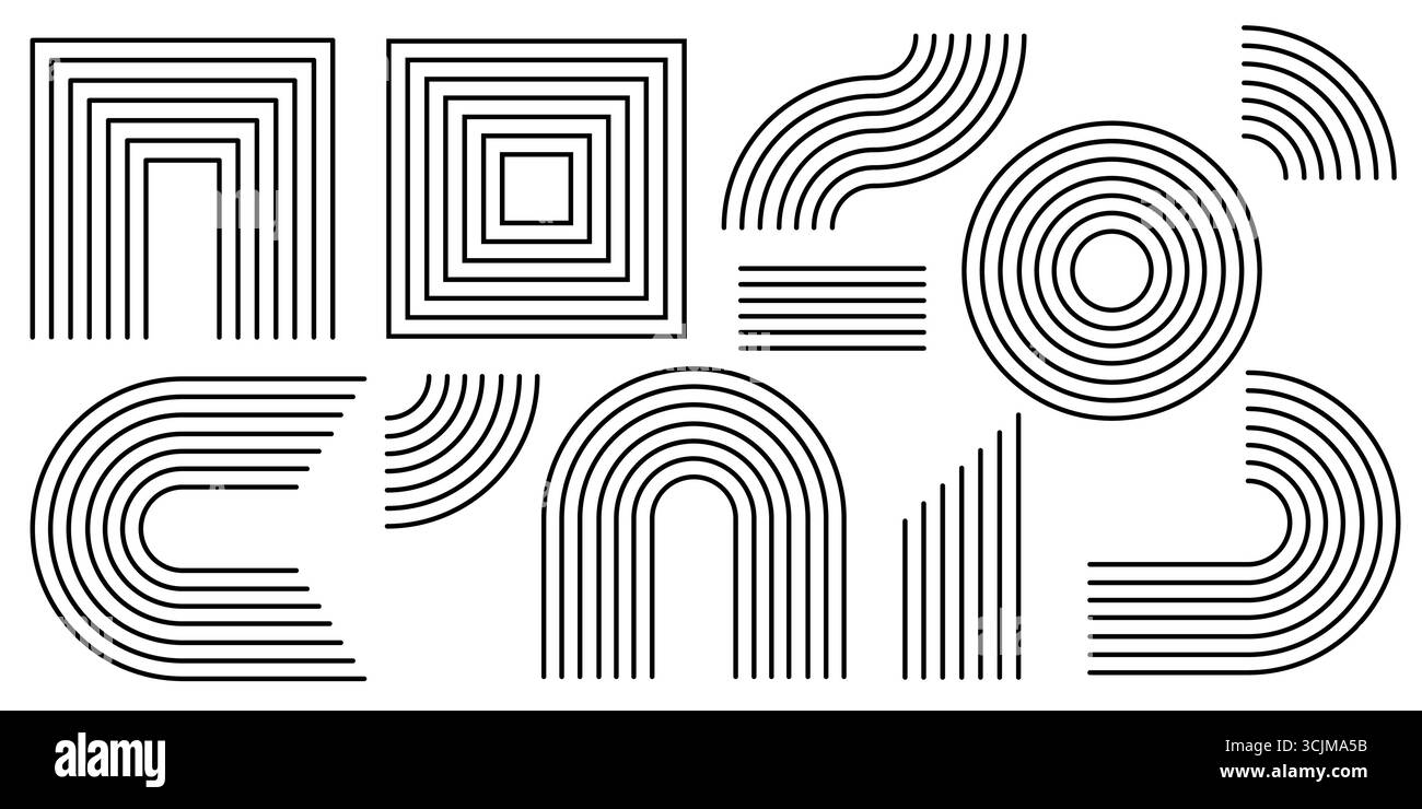 Geometrische Linienmuster mit Bogen- und Regenbogenformen für minimalistisches Design – Quadrate und Kreise, Kurven und parallele Striche. Schwarze Konturen auf weiß für moderne Branding- oder Architekturgrafiken. Stock Vektor