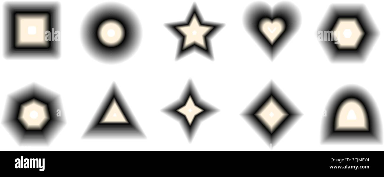 Set aus brutalistischen geometrischen Formen. Strukturierte y2k-Elemente in Schwarz und Beige. Blinzeln, Rechteck und Kreis mit trendigen, verschwommenen Sternsymbolen. Vektor Stock Vektor