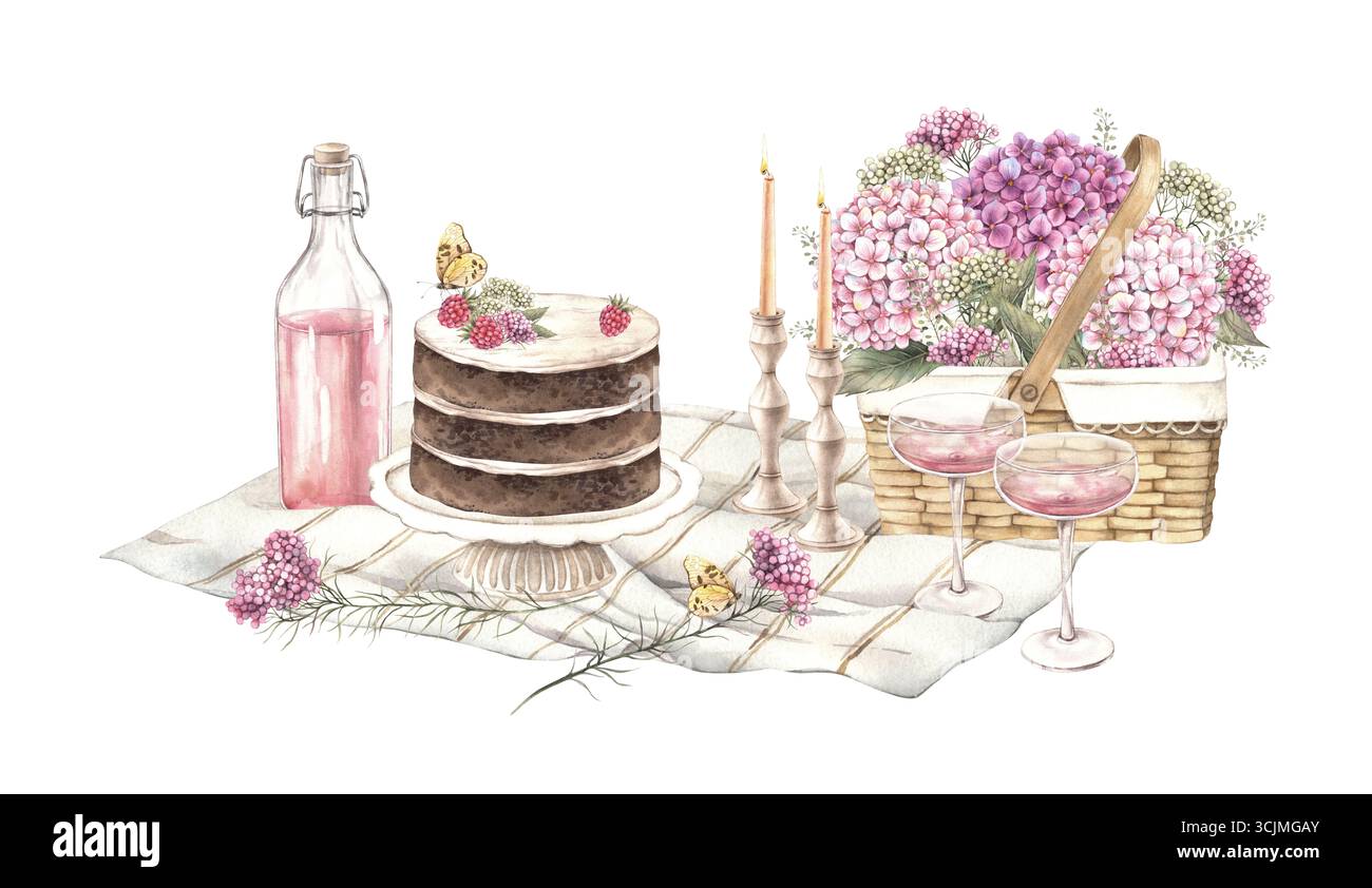 Picknick mit einer Decke, einem Korb mit Hortensien, einem Schokoladenkuchen auf einem Stand, einer Flasche und Gläsern, Kerzenleuchtern, Kerzen. Aquarellabbildung, für Stockfoto