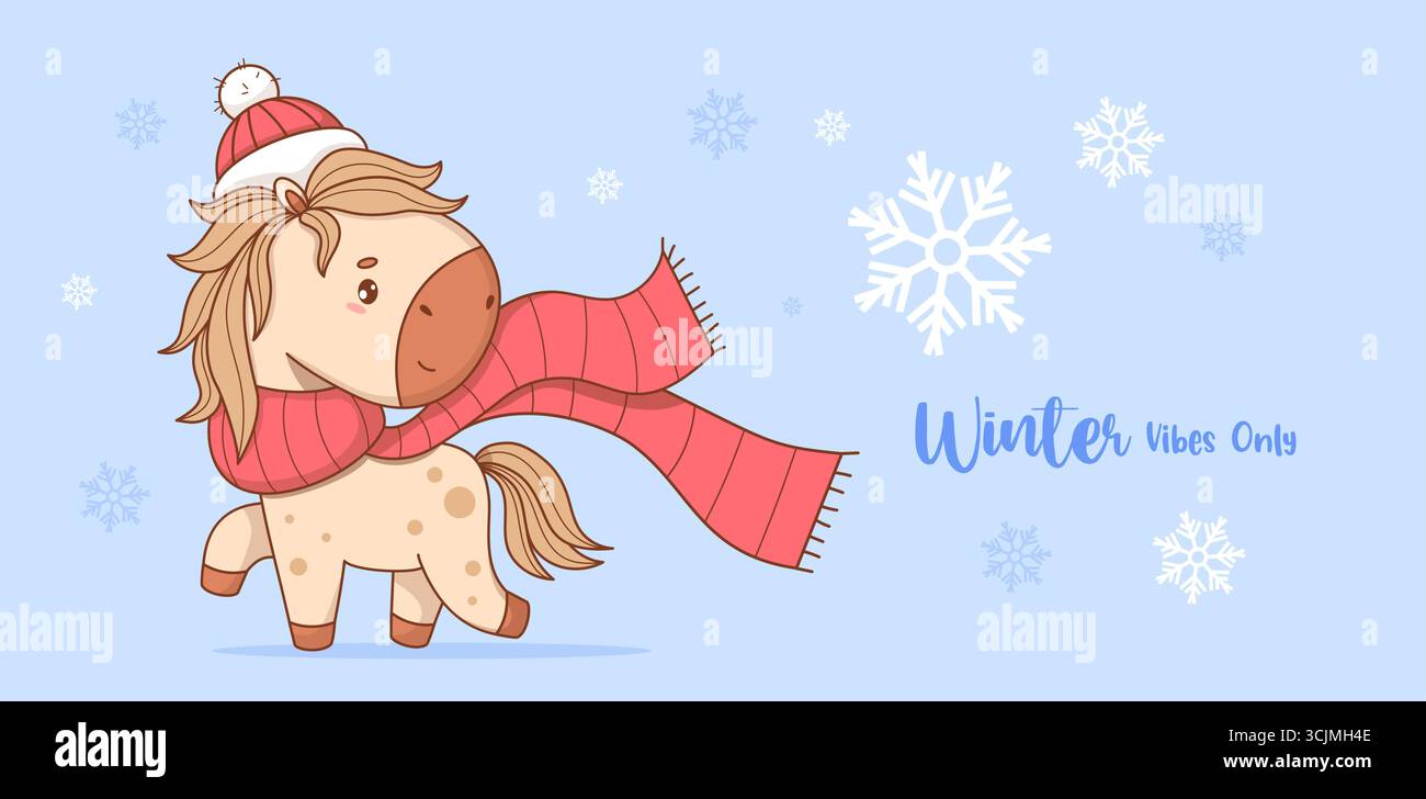 Niedliches kleines Winterpferd in Mütze und Schal mit Schneeflocken. Silvester Cartoon Kawaii Tier. Symbol 2026 Jahre bis östlicher Kalender. Horizontaler saisonaler P Stock Vektor