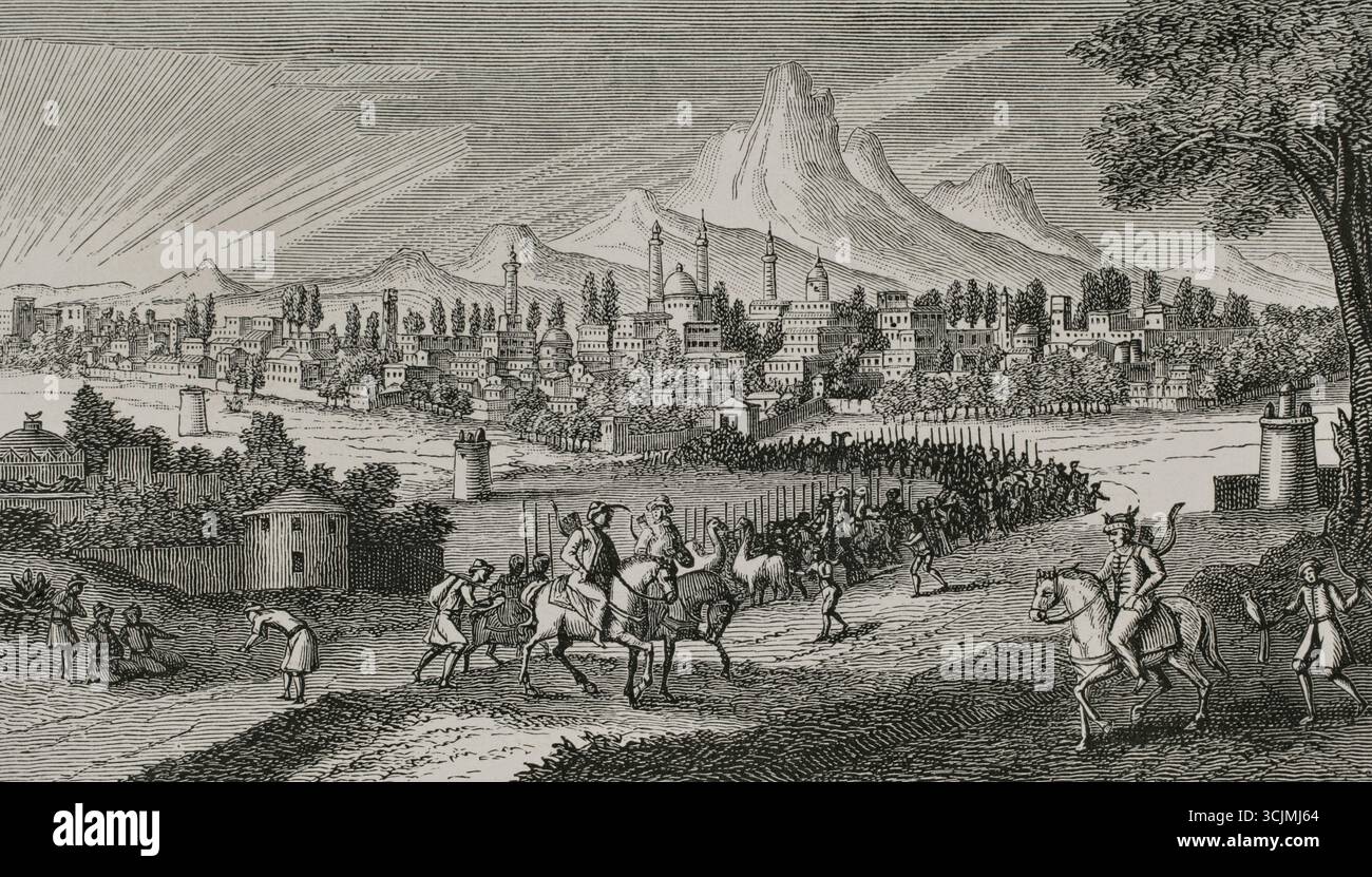 Blick auf Isfahan, Persien, ca. 1673. Gravur. „Voyages de Monsieur le chevalier Chardin en Perse, et autres lieux de l’Orient“ (die Reisen von Sir John Chardin), vom französischen Ritter und Entdecker Jean Chardin (1643-1713). Druckausgabe in Amsterdam, chez Jean-Louis de Lorme, 1711. XVIIme siècle: lettres, Sciences et Arts, Frankreich 1590-1700 (17. Jahrhundert: Briefe, Wissenschaften und Künste), von Paul Lacroix. Veröffentlicht in Paris von Librairie de Firmin-Didot et Cie, 1882. Stockfoto
