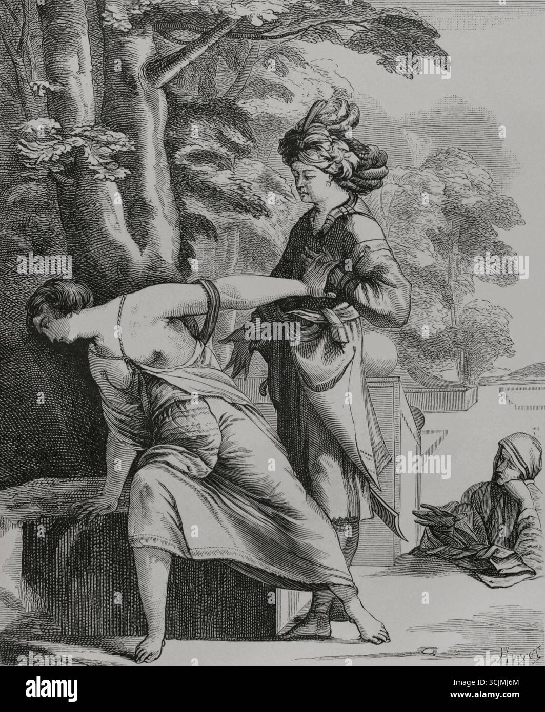 „Panthée“. Tragödie in fünf Akten in Versen des französischen Dramatikers Tristan L’Hermite (1601–1655). Es wurde im Winter 1637 bis 1638 im Théâtre du Marais in Paris geschaffen und 1639 gedruckt. Araspe erklärt Panthee seine Leidenschaft. Stich von Huyot nach einem Gemälde von Laurent de La Hyre (1606-1656), für das Frontispiece der Tragödie, Stich von Pierre Daret (1604-1678). Paris, chez Augustin Courbé, 1639. XVIIme siècle: lettres, Sciences et Arts, Frankreich 1590-1700 (17. Jahrhundert: Briefe, Wissenschaften und Künste), von Paul Lacroix. Veröffentlicht in Paris von Librairie de Firmin-Didot et Cie, 1882. Stockfoto