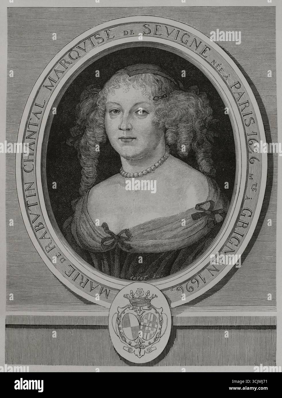 Madame de Sévigné (Marie de Rabutin-Chantal) (1626-1696), Marchioness de Sévigné. Französischer Briefschreiber. Hochformat. Stich von Huyot nach einem Gemälde von Robert Nanteuil (1623–1678) aus dem Jahr 1666, Stich von Emile-Alfred Rousseaux (1831–1874). XVIIme siècle: lettres, Sciences et Arts, Frankreich 1590-1700 (17. Jahrhundert: Briefe, Wissenschaften und Künste), von Paul Lacroix. Veröffentlicht in Paris von Librairie de Firmin-Didot et Cie, 1882. Stockfoto