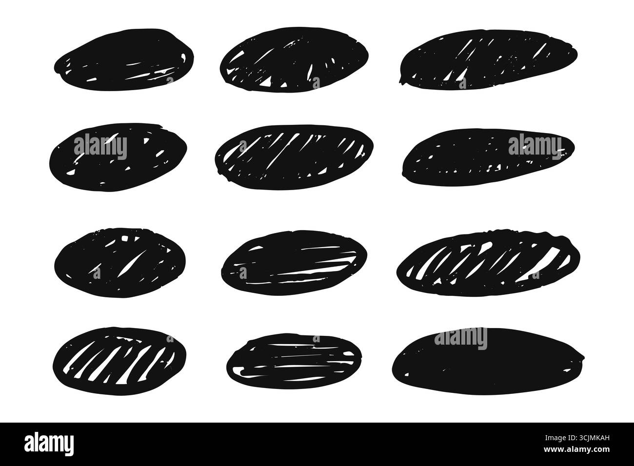 Ovale Skizzenform im Holzkohle- und Tintenpinselstil, Grunge organischer Blob und unregelmäßiger schwarzer Fleck isoliert auf weißem Hintergrund. Perfekt für Hintergründe, Stock Vektor