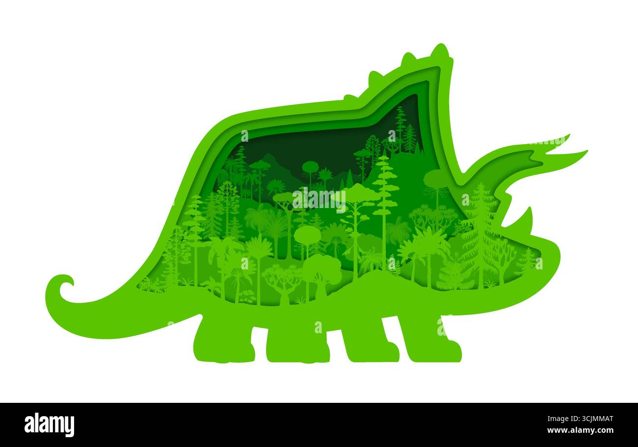 Triceratops Dinosaurier-Silhouette mit prähistorischer Dschungelwald-Landschaft. Vektor 3D jurassic Dinosaurier Tierrahmen mit Papier geschnittenen grünen Pflanzen, alten Kiefern und Palmen Natur Hintergrund Stock Vektor