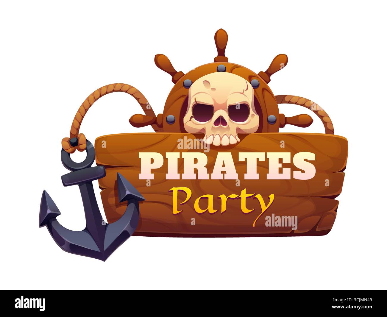 Karikatur Karibik Piraten und Korsaren Spiel Banner für Party, Vektor Heraldik. Jolly Roger Skelett Skull mit Schiffsanker und Steuerrad für Piraten- und Korsair-Abenteuer Stock Vektor