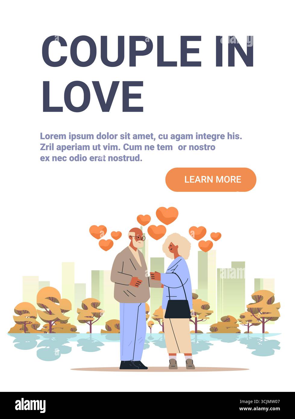 Paar verliebt älterer Mann Frau romantischer Park Stadtlandschaft Herbstbäume Herzen modernes Website-Banner Stock Vektor