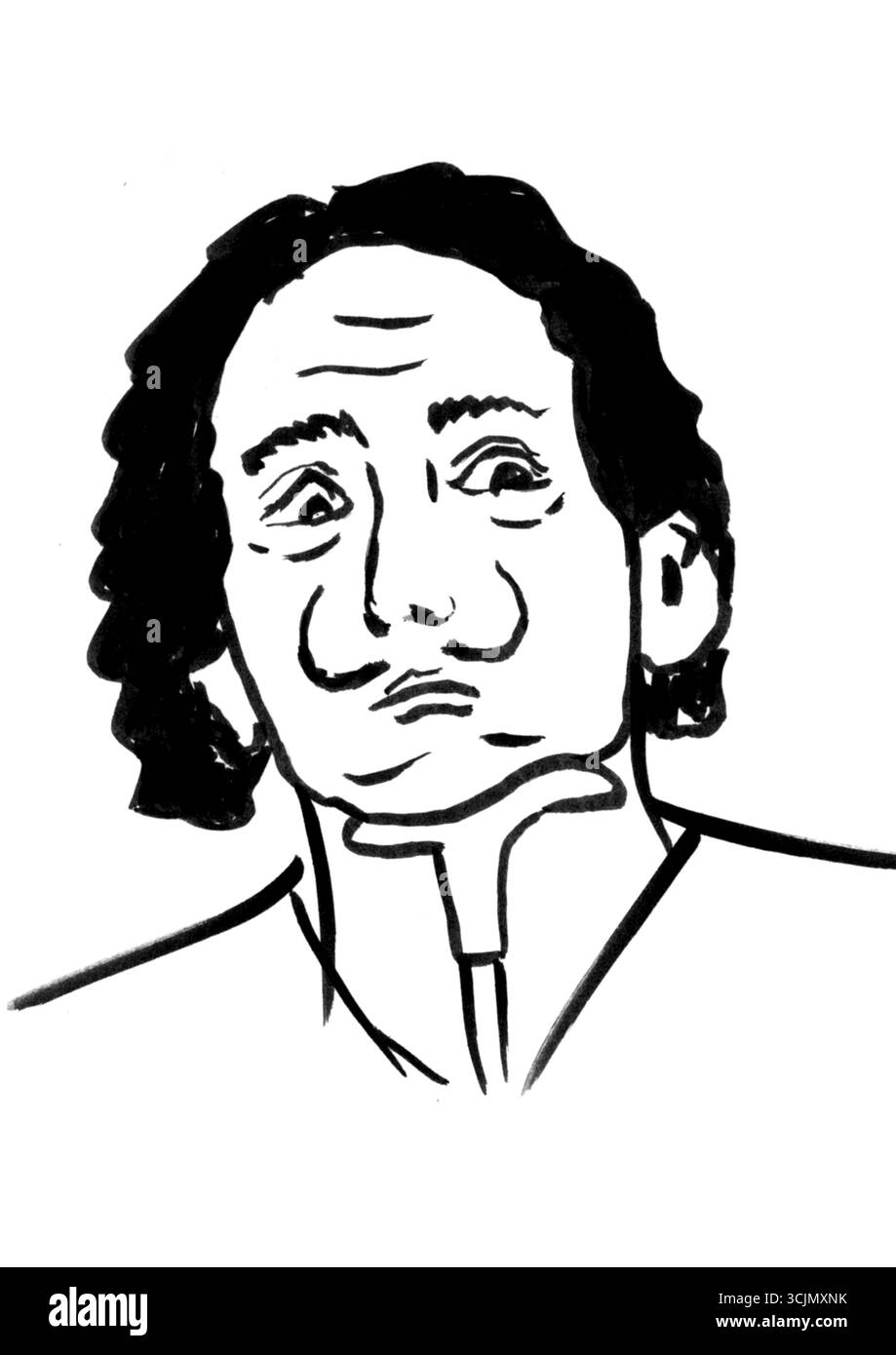 Minimales schwarzes Porträt von Salvador Dalí, gezeichnet mit klaren, selbstbewussten Strichen. Eine Untersuchung über Rhythmus und exzentrische Präsenz durch Alte Malvina. Stockfoto